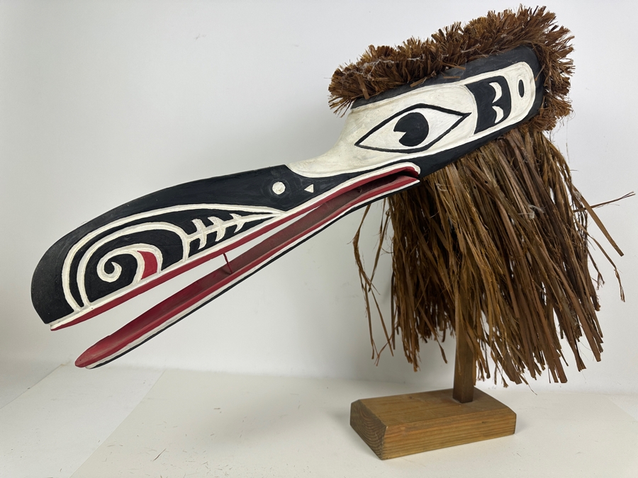 Tlingit Raven Ceremonial Dance Clapper Mask Made Of Wood & Raffia Pacific Northwest Coast Artist Signed With Stand And Photo Of Artist 24'L Estimate $2,000 [Photo 7]