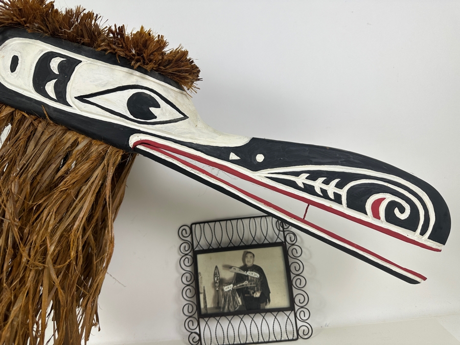 Tlingit Raven Ceremonial Dance Clapper Mask Made Of Wood & Raffia Pacific Northwest Coast Artist Signed With Stand And Photo Of Artist 24'L Estimate $2,000 [Photo 2]