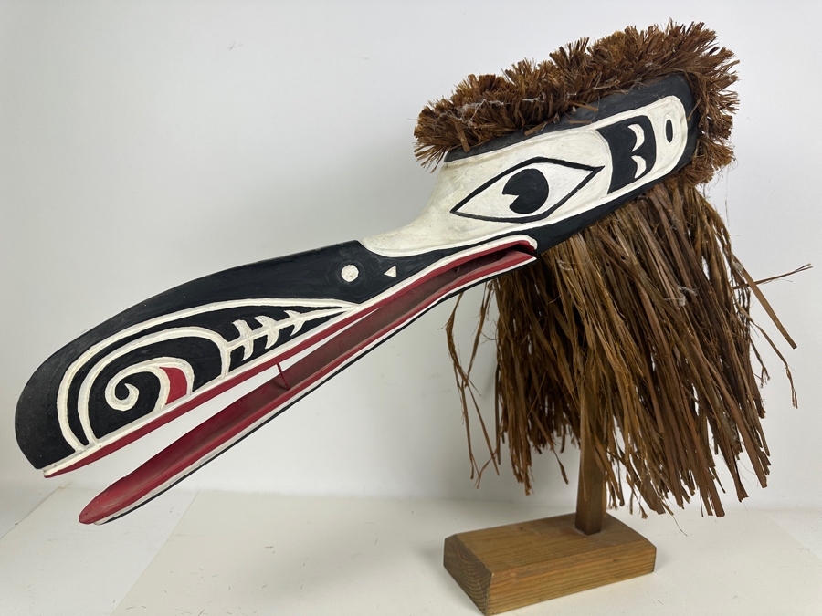 Tlingit Raven Ceremonial Dance Clapper Mask Made Of Wood & Raffia Pacific Northwest Coast Artist Signed With Stand And Photo Of Artist 24'L Estimate $2,000 [Photo 8]