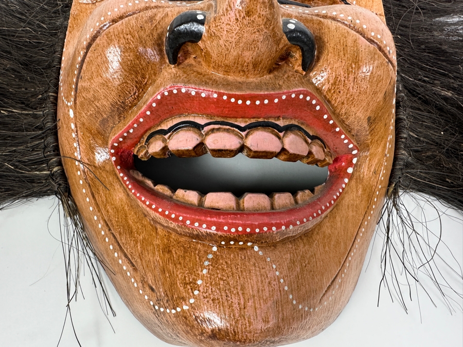Vintage Hand-painted Carved Wooden Mask With Hair 22W X 18H [Photo 3]