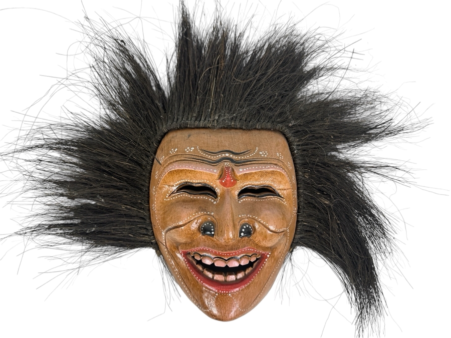 Vintage Hand-painted Carved Wooden Mask With Hair 22W X 18H [Photo 1]