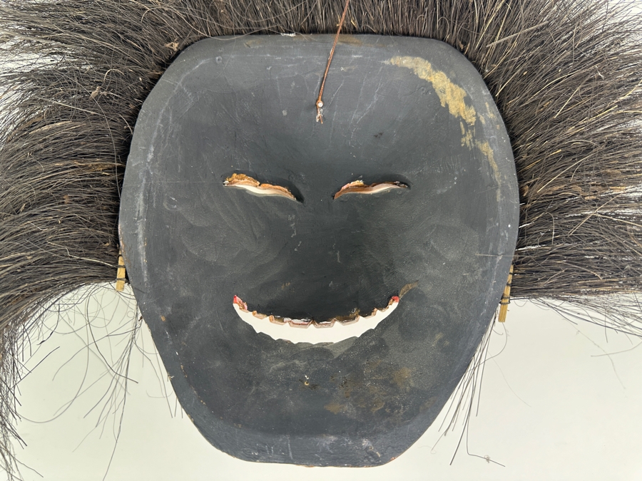 Vintage Hand-painted Carved Wooden Mask With Hair 22W X 18H [Photo 5]