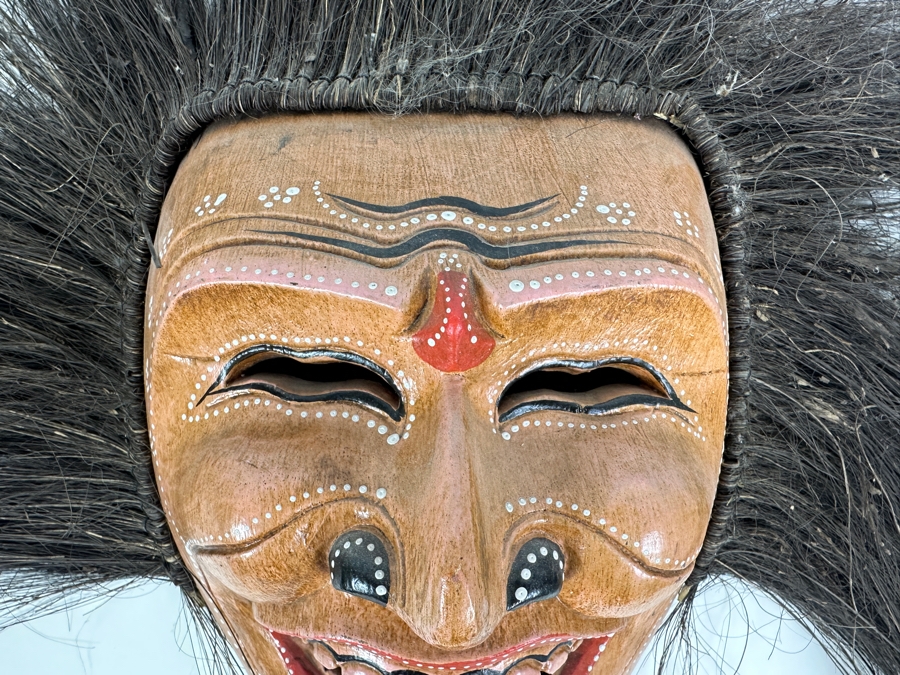 Vintage Hand-painted Carved Wooden Mask With Hair 22W X 18H [Photo 4]
