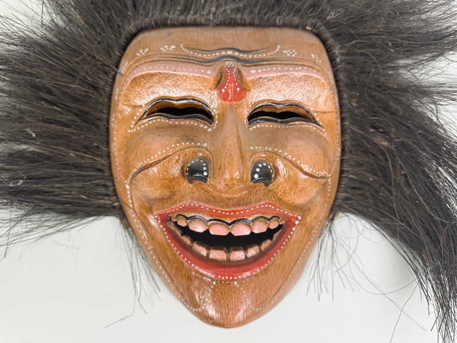 Vintage Hand-painted Carved Wooden Mask With Hair 22W X 18H [Photo 2]