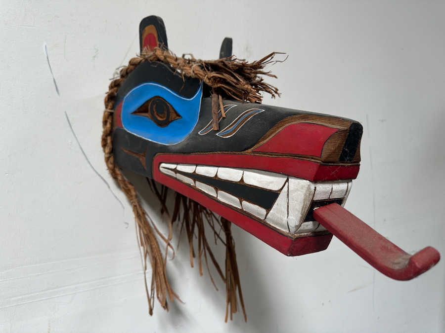 Tlingit Wolf Carved Wooden Hand-painted Ceremonial Dance Mask With Raffia Hair Pacific Northwest Coast 26'L X 10'D X 12'H Estimate $4,000 [Photo 2]