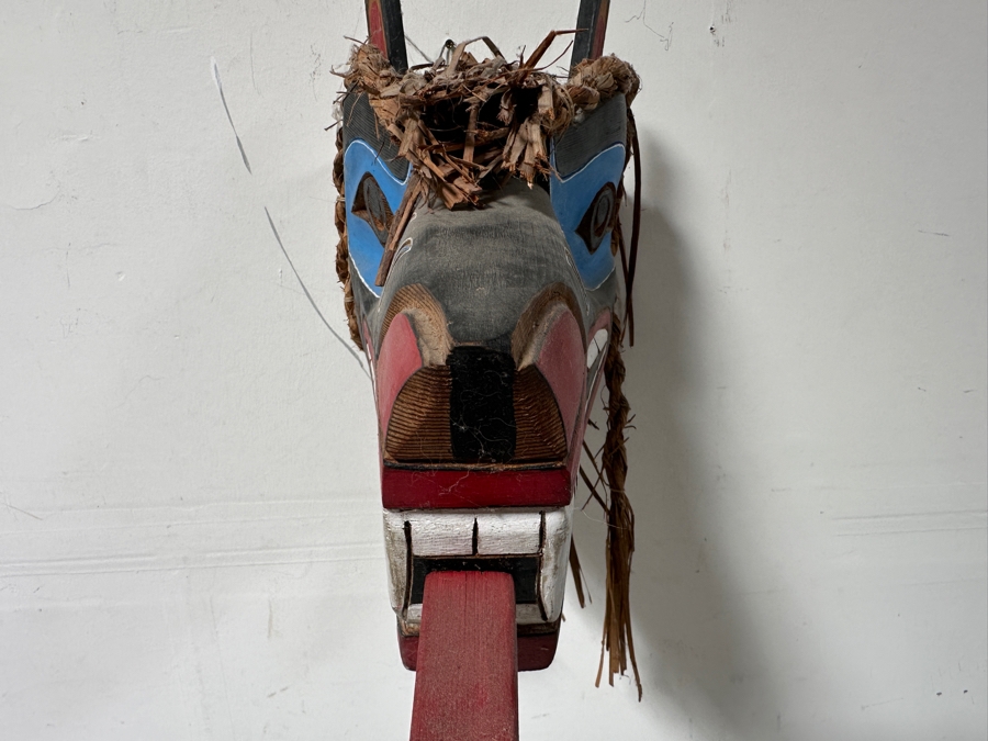 Tlingit Wolf Carved Wooden Hand-painted Ceremonial Dance Mask With Raffia Hair Pacific Northwest Coast 26'L X 10'D X 12'H Estimate $4,000 [Photo 8]