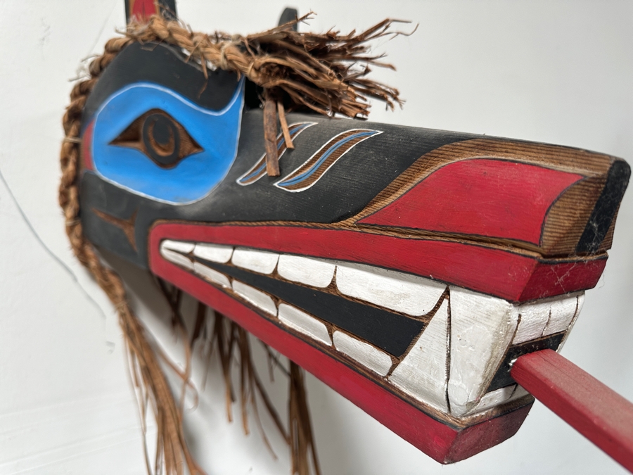 Tlingit Wolf Carved Wooden Hand-painted Ceremonial Dance Mask With Raffia Hair Pacific Northwest Coast 26'L X 10'D X 12'H Estimate $4,000 [Photo 7]