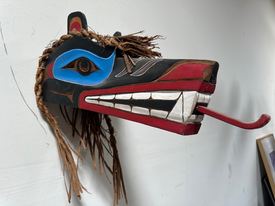 Tlingit Wolf Carved Wooden Hand-painted Ceremonial Dance Mask With Raffia Hair Pacific Northwest Coast 26'L X 10'D X 12'H Estimate $4,000 [Photo 5]