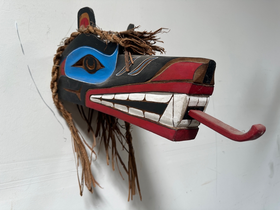 Tlingit Wolf Carved Wooden Hand-painted Ceremonial Dance Mask With Raffia Hair Pacific Northwest Coast 26'L X 10'D X 12'H Estimate $4,000 [Photo 3]