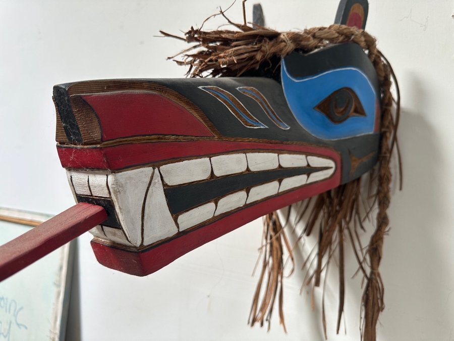 Tlingit Wolf Carved Wooden Hand-painted Ceremonial Dance Mask With Raffia Hair Pacific Northwest Coast 26'L X 10'D X 12'H Estimate $4,000 [Photo 9]