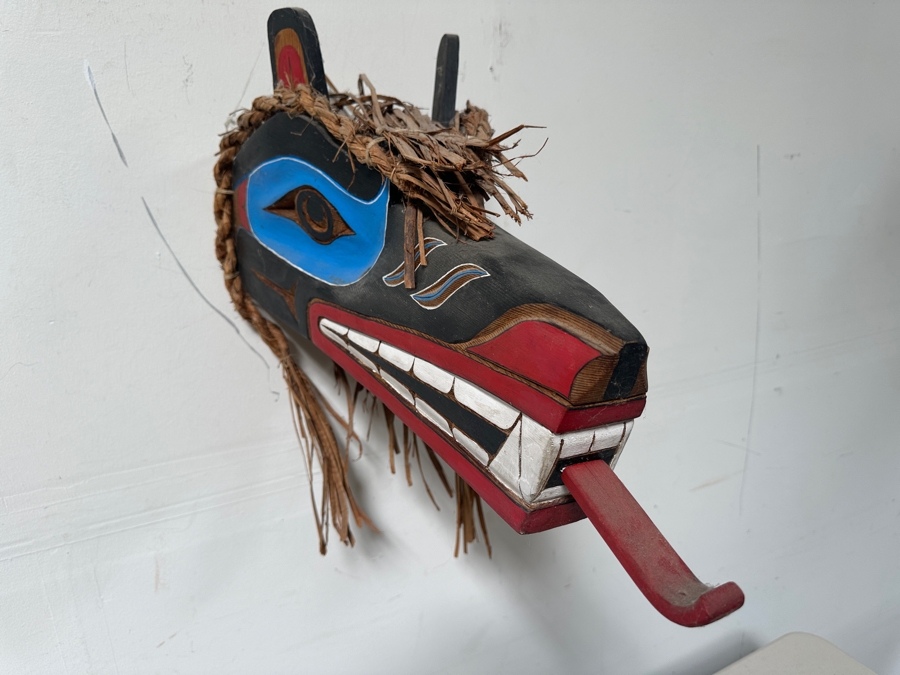 Tlingit Wolf Carved Wooden Hand-painted Ceremonial Dance Mask With Raffia Hair Pacific Northwest Coast 26'L X 10'D X 12'H Estimate $4,000 [Photo 4]