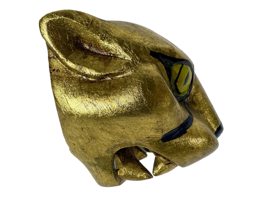 Just Added - Carved Wooden Lion Puma Jaguar Head Hand Painted With Gold Paint 6W X 6D X 6H