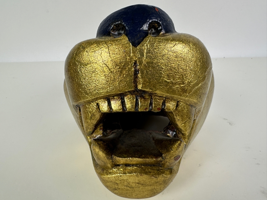 Just Added - Carved Wooden Lion Puma Jaguar Head Hand Painted With Gold Paint 6W X 6D X 6H [Photo 3]