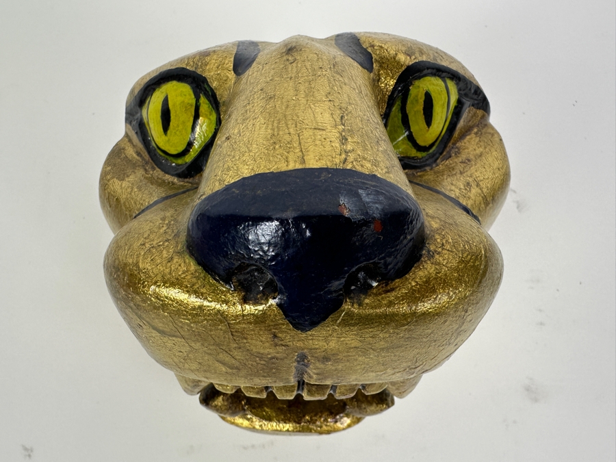 Just Added - Carved Wooden Lion Puma Jaguar Head Hand Painted With Gold Paint 6W X 6D X 6H [Photo 2]