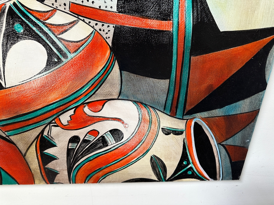 Stunning Original Acrylic on Canvas Painting Titled 'Pueblo Treasures' 1990 By Jamal Signed Bottom Left with Turquoise and Verso 72 x 36 [Photo 7]