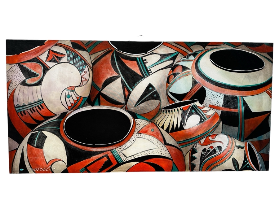 Stunning Original Acrylic on Canvas Painting Titled 'Pueblo Treasures' 1990 By Jamal Signed Bottom Left with Turquoise and Verso 72 x 36 [Photo 1]