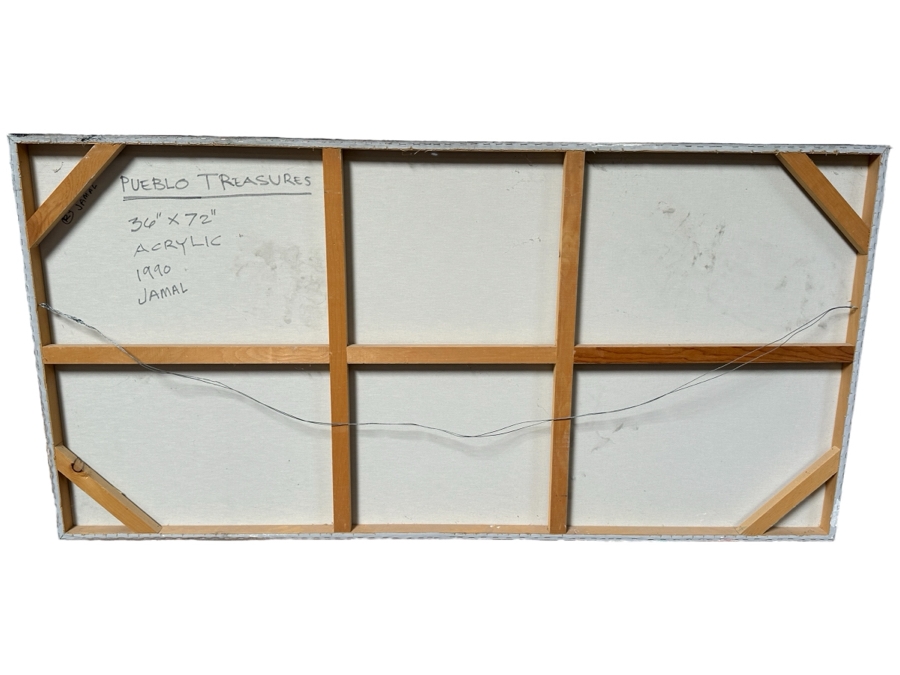 Stunning Original Acrylic on Canvas Painting Titled 'Pueblo Treasures' 1990 By Jamal Signed Bottom Left with Turquoise and Verso 72 x 36 [Photo 13]