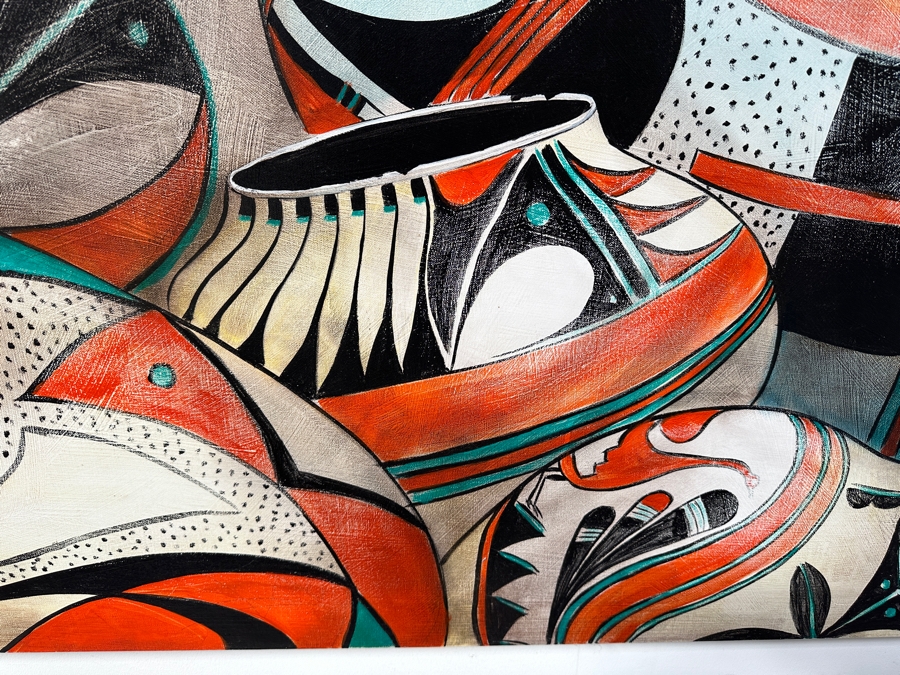 Stunning Original Acrylic on Canvas Painting Titled 'Pueblo Treasures' 1990 By Jamal Signed Bottom Left with Turquoise and Verso 72 x 36 [Photo 6]
