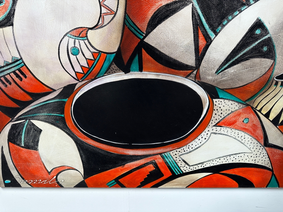 Stunning Original Acrylic on Canvas Painting Titled 'Pueblo Treasures' 1990 By Jamal Signed Bottom Left with Turquoise and Verso 72 x 36 [Photo 5]