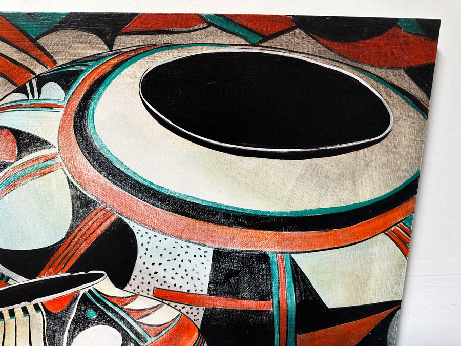 Stunning Original Acrylic on Canvas Painting Titled 'Pueblo Treasures' 1990 By Jamal Signed Bottom Left with Turquoise and Verso 72 x 36 [Photo 8]