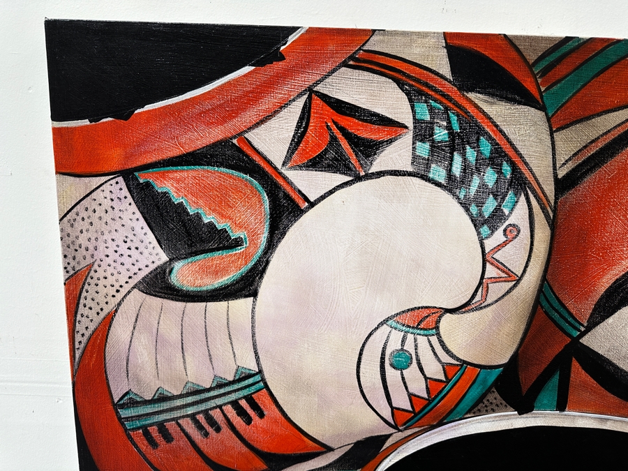 Stunning Original Acrylic on Canvas Painting Titled 'Pueblo Treasures' 1990 By Jamal Signed Bottom Left with Turquoise and Verso 72 x 36 [Photo 4]