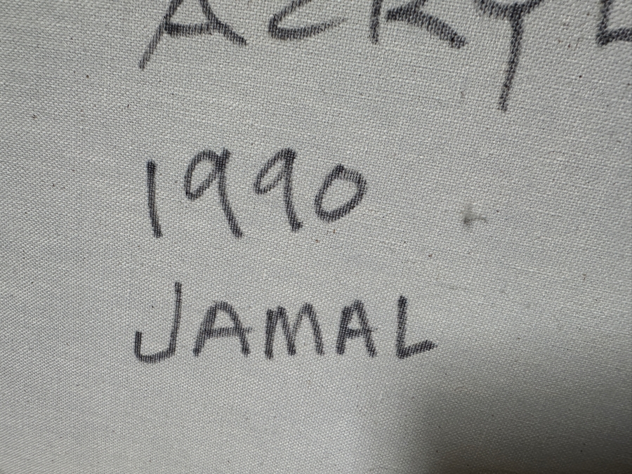 Stunning Original Acrylic on Canvas Painting Titled 'Pueblo Treasures' 1990 By Jamal Signed Bottom Left with Turquoise and Verso 72 x 36 [Photo 12]