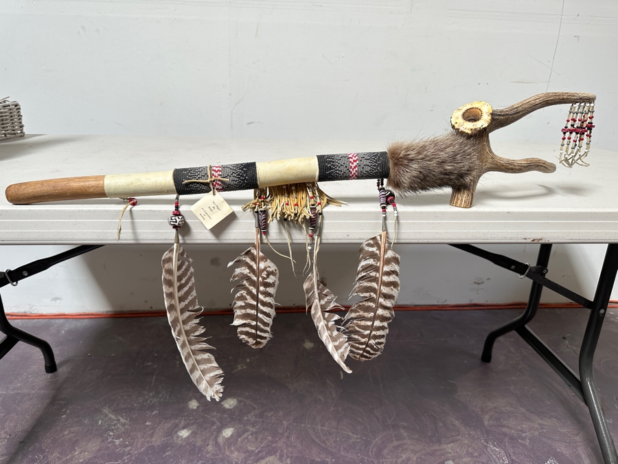 Native American Peace Pipe by Kapi of Arizona with Beading, Fur, Feathers and Antler 33'L [Photo 2]