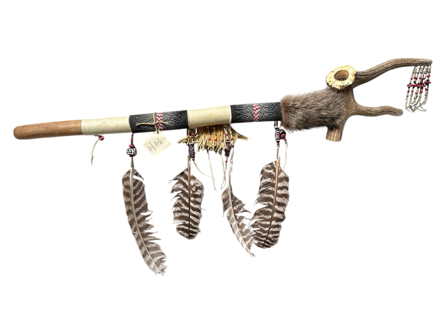 Native American Peace Pipe by Kapi of Arizona with Beading, Fur, Feathers and Antler 33'L [Photo 1]