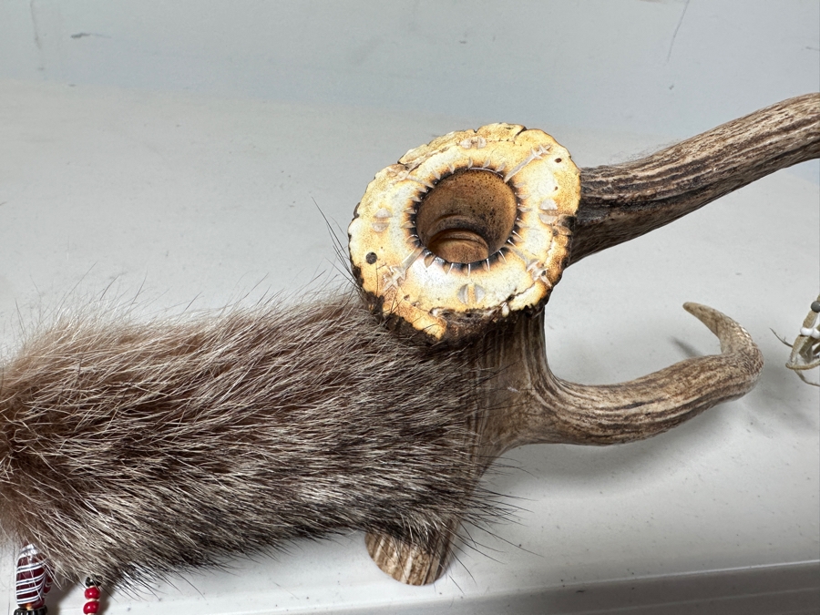 Native American Peace Pipe by Kapi of Arizona with Beading, Fur, Feathers and Antler 33'L [Photo 5]