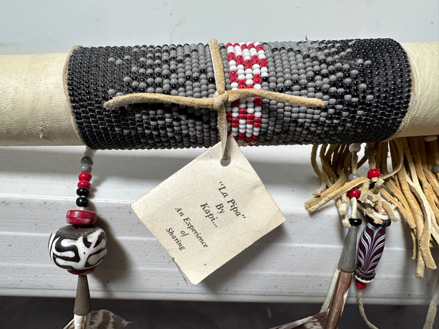 Native American Peace Pipe by Kapi of Arizona with Beading, Fur, Feathers and Antler 33'L [Photo 3]