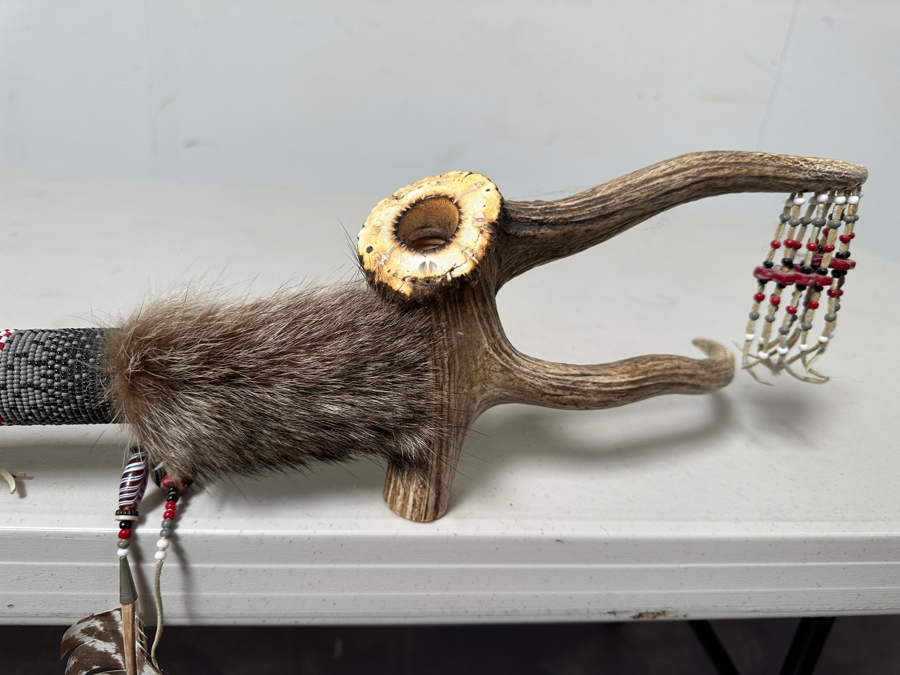 Native American Peace Pipe by Kapi of Arizona with Beading, Fur, Feathers and Antler 33'L [Photo 7]