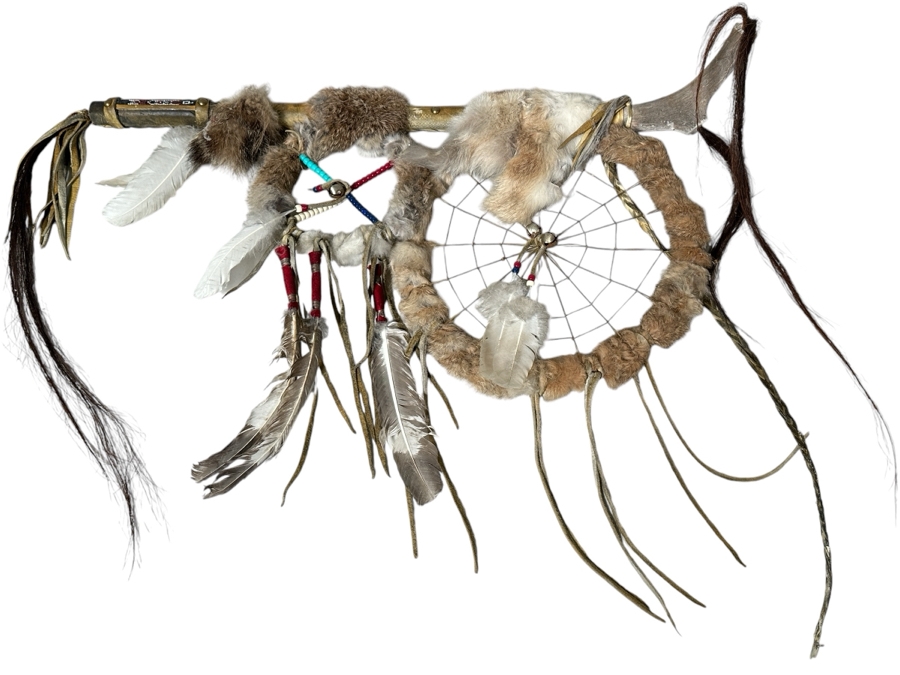 Just Added - Handmade Native American Dreamcatcher Antler With Beadwork, Feathers, Fur & Hair 36W X 26H