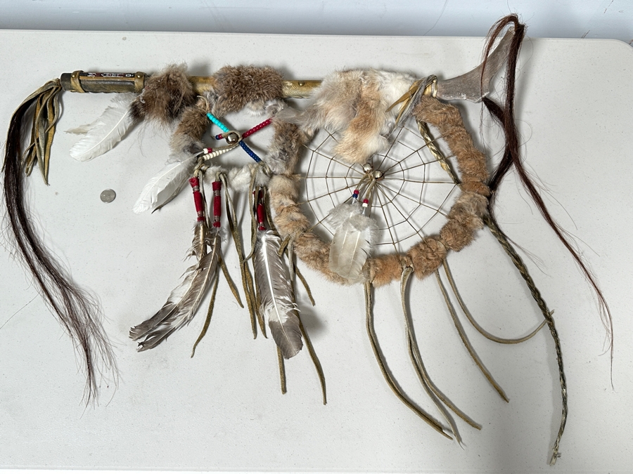 Just Added - Handmade Native American Dreamcatcher Antler With Beadwork, Feathers, Fur & Hair 36W X 26H [Photo 2]