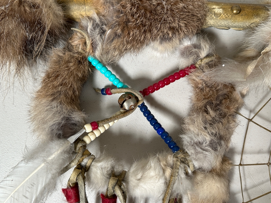 Just Added - Handmade Native American Dreamcatcher Antler With Beadwork, Feathers, Fur & Hair 36W X 26H [Photo 5]