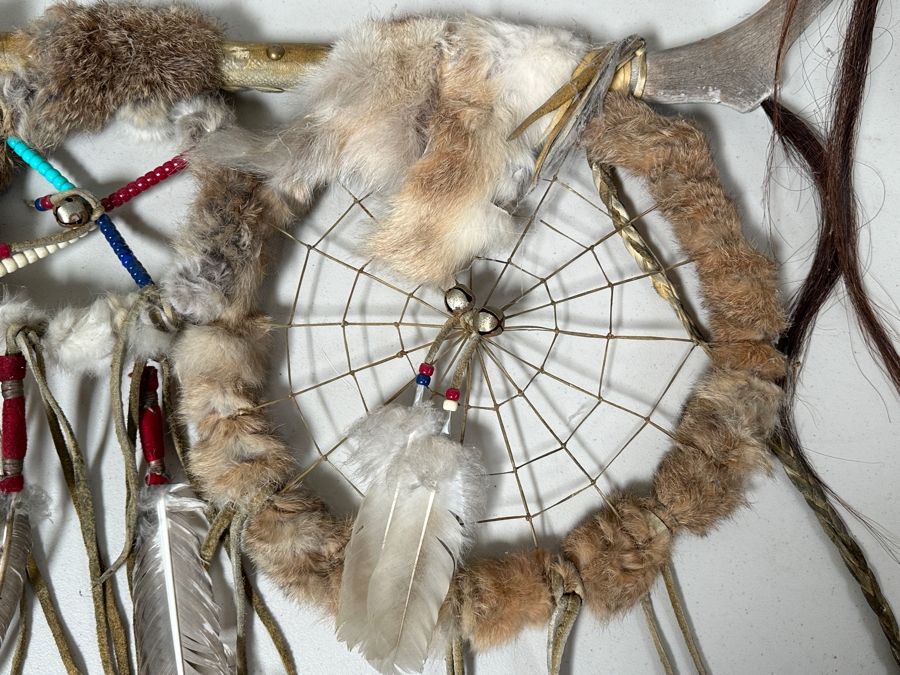 Just Added - Handmade Native American Dreamcatcher Antler With Beadwork, Feathers, Fur & Hair 36W X 26H [Photo 7]