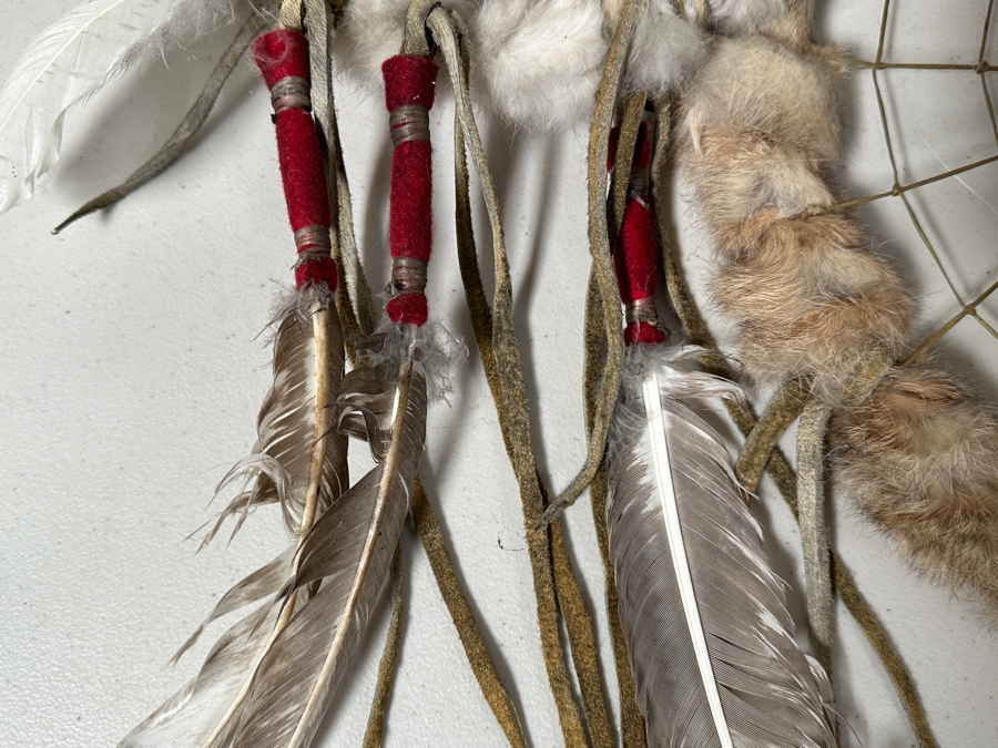 Just Added - Handmade Native American Dreamcatcher Antler With Beadwork, Feathers, Fur & Hair 36W X 26H [Photo 6]