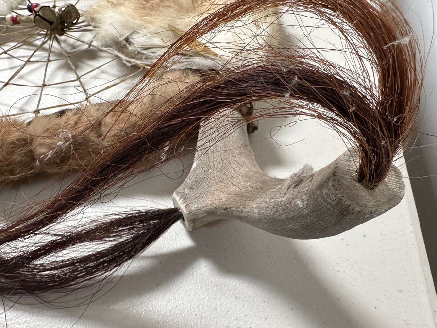 Just Added - Handmade Native American Dreamcatcher Antler With Beadwork, Feathers, Fur & Hair 36W X 26H [Photo 8]