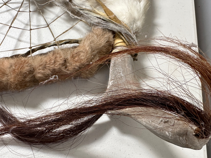 Just Added - Handmade Native American Dreamcatcher Antler With Beadwork, Feathers, Fur & Hair 36W X 26H [Photo 9]