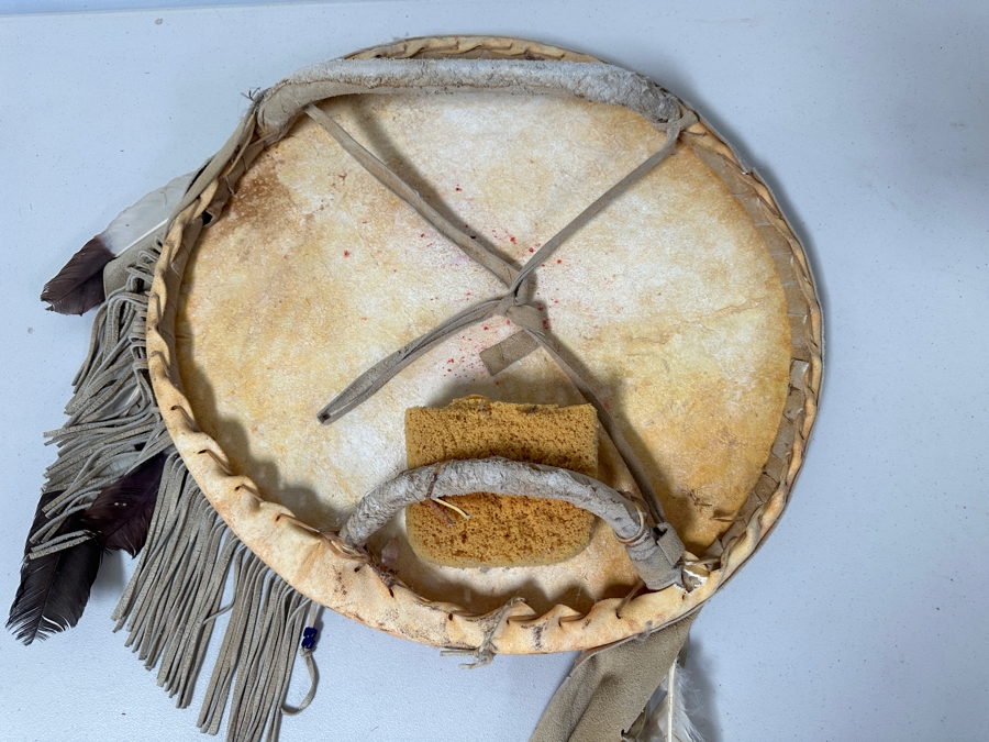 Reproduction Crow War Shield Montana Pre 1830 Rawhide, Buckskin Fringe, Brass Bells and More [Photo 7]