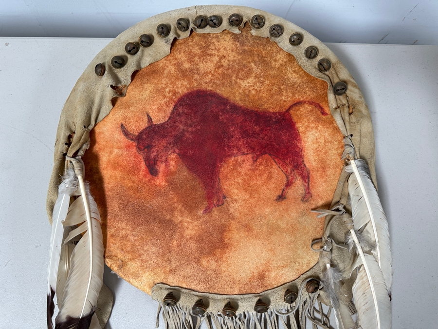 Reproduction Crow War Shield Montana Pre 1830 Rawhide, Buckskin Fringe, Brass Bells and More [Photo 3]