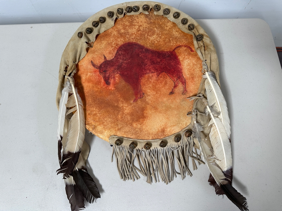 Reproduction Crow War Shield Montana Pre 1830 Rawhide, Buckskin Fringe, Brass Bells and More [Photo 2]