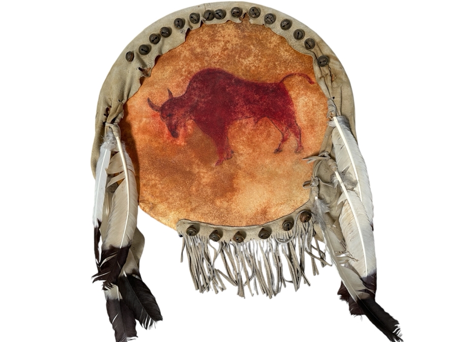 Reproduction Crow War Shield Montana Pre 1830 Rawhide, Buckskin Fringe, Brass Bells and More