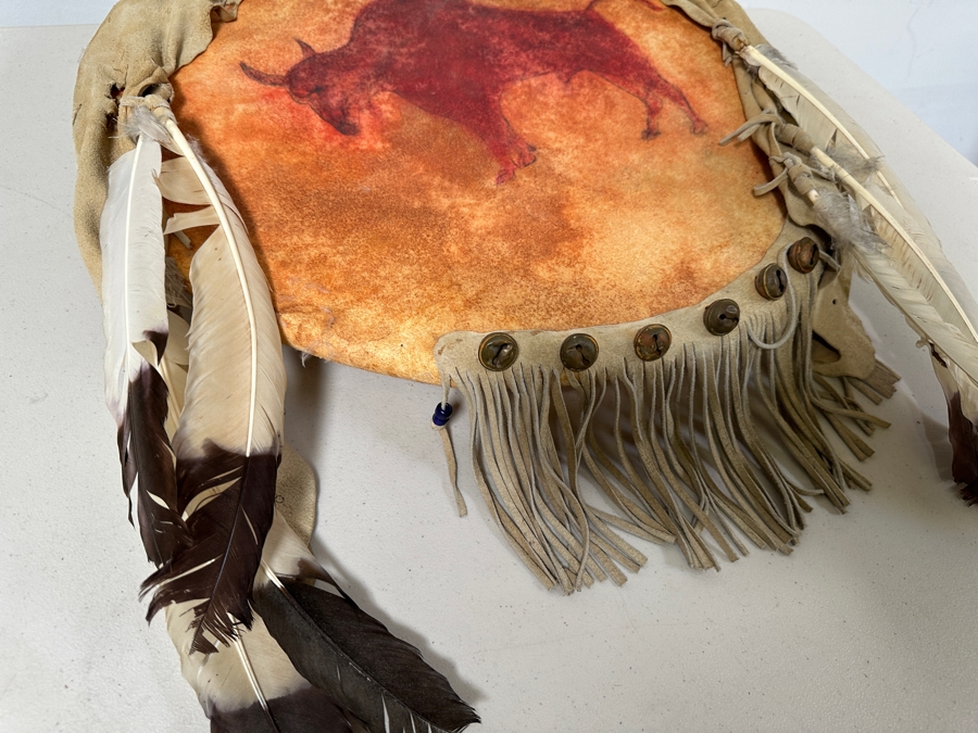 Reproduction Crow War Shield Montana Pre 1830 Rawhide, Buckskin Fringe, Brass Bells and More [Photo 5]