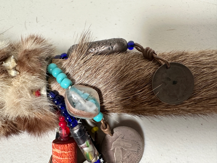 Native American Spear with Arrowhead, Fur and Vintage Silver Coins 39'L [Photo 7]