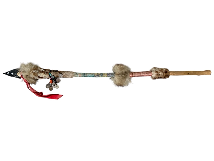 Native American Spear with Arrowhead, Fur and Vintage Silver Coins 39'L