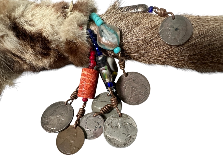 Native American Spear with Arrowhead, Fur and Vintage Silver Coins 39'L [Photo 3]