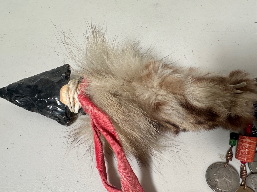 Native American Spear with Arrowhead, Fur and Vintage Silver Coins 39'L [Photo 8]
