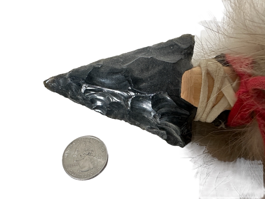 Native American Spear with Arrowhead, Fur and Vintage Silver Coins 39'L [Photo 2]