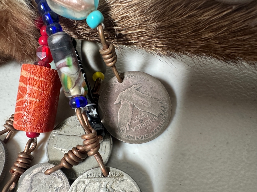 Native American Spear with Arrowhead, Fur and Vintage Silver Coins 39'L [Photo 4]