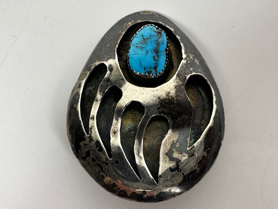 Vintage Native American Turquoise and Sterling Silver Shadowbox Bear Claw Bolo Tie 19.3g [Photo 3]